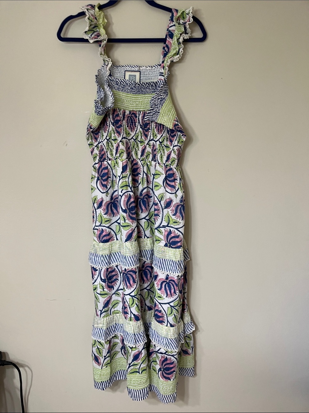 Smocked Floral Maxi Dress with Ruffle Straps - Pink, Green & White